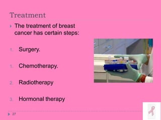 Treatment
27
 The treatment of breast
cancer has certain steps:
1. Surgery.
1. Chemotherapy.
2. Radiotherapy
3. Hormonal therapy
 