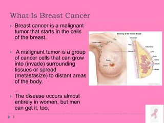 What Is Breast Cancer
 Breast cancer is a malignant
tumor that starts in the cells
of the breast.
 A malignant tumor is a group
of cancer cells that can grow
into (invade) surrounding
tissues or spread
(metastasize) to distant areas
of the body.
 The disease occurs almost
entirely in women, but men
can get it, too.
3
 