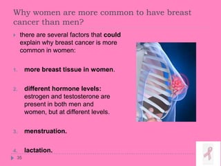 Why women are more common to have breast
cancer than men?
35
 there are several factors that could
explain why breast cancer is more
common in women:
1. more breast tissue in women.
2. different hormone levels:
estrogen and testosterone are
present in both men and
women, but at different levels.
3. menstruation.
4. lactation.
 