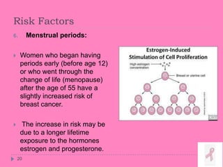 Risk Factors
6. Menstrual periods:
 Women who began having
periods early (before age 12)
or who went through the
change of life (menopause)
after the age of 55 have a
slightly increased risk of
breast cancer.
 The increase in risk may be
due to a longer lifetime
exposure to the hormones
estrogen and progesterone.
20
 
