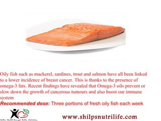 Oily fish such as mackerel, sardines, trout and salmon have all been linked 
to a lower incidence of breast cancer. This is thanks to the presence of 
omega-3 fats. Recent findings have revealed that Omega-3 oils prevent or 
slow down the growth of cancerous tumours and also boost our immune 
system 
Recommended dose: Three portions of fresh oily fish each week 
www.shilpsnutrilife.com 
 