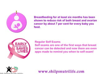 Breastfeeding for at least six months has been 
shown to reduce risk of both breast and ovarian 
cancer by about 7 per cent for every baby you 
feed. 
Regular Self Exams 
Self exams are one of the first ways that breast 
cancer can be detected and now there are even 
apps made to remind you when to self exam! 
www.shilpsnutrilife.com 
 