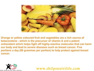 Orange or yellow coloured fruit and vegetables are a rich source of 
betacarotene - which is the precursor of vitamin A and a potent 
antioxidant which helps fight off highly-reactive molecules that can harm 
our body and lead to severe diseases such as breast cancer. Five 
portions a day (80 grammes per portion) to help protect against breast 
cancer. 
www.shilpsnutrilife.com 
 