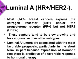 Luminal A (HR+/HER2-).
• Most (74%) breast cancers express the
estrogen receptor (ER+) and/or the
progesterone receptor (PR+) but not HER2
(HER2-).
• These cancers tend to be slow-growing and
less aggressive than other subtypes.
• Luminal A tumors are associated with the most
favorable prognosis, particularly in the short
term, in part because expression of hormone
receptors is predictive of a favorable response
to hormonal therapy
 