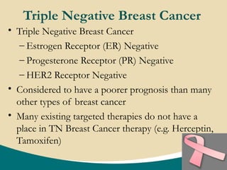Triple Negative Breast Cancer
• Triple Negative Breast Cancer
– Estrogen Receptor (ER) Negative
– Progesterone Receptor (PR) Negative
– HER2 Receptor Negative
• Considered to have a poorer prognosis than many
other types of breast cancer
• Many existing targeted therapies do not have a
place in TN Breast Cancer therapy (e.g. Herceptin,
Tamoxifen)
 
