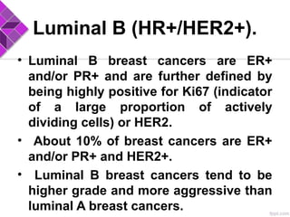 Luminal B (HR+/HER2+).
• Luminal B breast cancers are ER+
and/or PR+ and are further defined by
being highly positive for Ki67 (indicator
of a large proportion of actively
dividing cells) or HER2.
• About 10% of breast cancers are ER+
and/or PR+ and HER2+.
• Luminal B breast cancers tend to be
higher grade and more aggressive than
luminal A breast cancers.
 