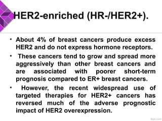 HER2-enriched (HR-/HER2+).
• About 4% of breast cancers produce excess
HER2 and do not express hormone receptors.
• These cancers tend to grow and spread more
aggressively than other breast cancers and
are associated with poorer short-term
prognosis compared to ER+ breast cancers.
• However, the recent widespread use of
targeted therapies for HER2+ cancers has
reversed much of the adverse prognostic
impact of HER2 overexpression.
 