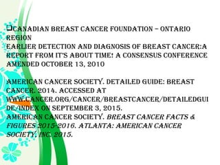 CanadIan BREaST CanCER FOundaTIOn – OnTaRIO
REgIOn
EaRlIER dETECTIOn and dIagnOSIS OF BREaST CanCER:a
REPORT FROm IT’S aBOuT TImE! a COnSEnSuS COnFEREnCE
amEndEd OCTOBER 13, 2010
amERICan CanCER SOCIETy. dETaIlEd guIdE: BREaST
CanCER. 2014. aCCESSEd aT
www.CanCER.ORg/CanCER/BREaSTCanCER/dETaIlEdguI
dE/IndEx On SEPTEmBER 3, 2015.
amERICan CanCER SOCIETy. BREaST CanCER FaCTS &
FIguRES 2015-2016. aTlanTa: amERICan CanCER
SOCIETy, InC. 2015.
 