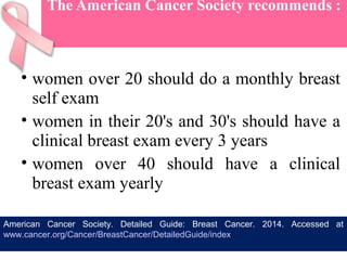 The American Cancer Society recommends :
• women over 20 should do a monthly breast
self exam
• women in their 20's and 30's should have a
clinical breast exam every 3 years
• women over 40 should have a clinical
breast exam yearly
American Cancer Society. Detailed Guide: Breast Cancer. 2014. Accessed at
www.cancer.org/Cancer/BreastCancer/DetailedGuide/index
 