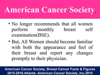 American Cancer Society,
• No longer recommends that all women
perform monthly breast self
examination(BSE).
• But, All Women should become familiar
with both the appearance and feel of
their breast and report any changes
promptly to their physician.
American Cancer Society, Breast Cancer Facts & Figures
2015-2016.Atlanta: American Cancer Society ,Inc.2015
 