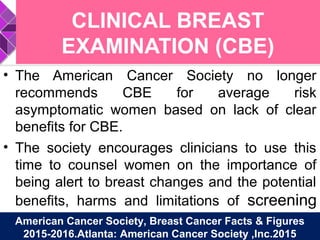 CLINICAL BREAST
EXAMINATION (CBE)
• The American Cancer Society no longer
recommends CBE for average risk
asymptomatic women based on lack of clear
benefits for CBE.
• The society encourages clinicians to use this
time to counsel women on the importance of
being alert to breast changes and the potential
benefits, harms and limitations of screening
mammography.American Cancer Society, Breast Cancer Facts & Figures
2015-2016.Atlanta: American Cancer Society ,Inc.2015
 