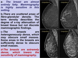 a- The breast are almost
entirely fatty. Mammography is
highly sensitive in this setting.
b- There are scattered areas of
fibro-glandular density. The
term density describes the
degree of x-ray attenuation of
breast tissue but not discrete
mammographic findings.
c- The breasts are
heterogeneously dense, which
may obscure small masses.
Some areas in the breasts are
sufficiently dense to obscure
small masses.
d - The breasts are extremely
dense, which lowers the
sensitivity of mammography.
a- The breast are almost
entirely fatty. Mammography
is highly sensitive in this
setting.
b-There are scattered areas of
fibro-glandular density. The
term density describes the
degree of x-ray attenuation of
breast tissue but not discrete
mammographic findings.
c-The breasts are
heterogeneously dense, which
may obscure small masses.
Some areas in the breasts are
sufficiently dense to obscure
small masses.
d-The breasts are extremely
dense, which lowers the
sensitivity of mammography.
 