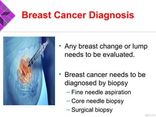 Breast Cancer Diagnosis
• Any breast change or lump
needs to be evaluated.
• Breast cancer needs to be
diagnosed by biopsy
– Fine needle aspiration
– Core needle biopsy
– Surgical biopsy
 