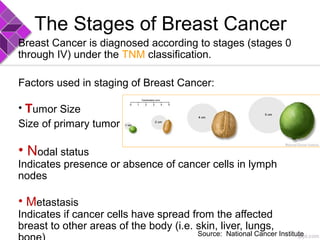 The Stages of Breast Cancer
Breast Cancer is diagnosed according to stages (stages 0
through IV) under the TNM classification.
Factors used in staging of Breast Cancer:
• Tumor Size
Size of primary tumor
• Nodal status
Indicates presence or absence of cancer cells in lymph
nodes
• Metastasis
Indicates if cancer cells have spread from the affected
breast to other areas of the body (i.e. skin, liver, lungs,
Source: National Cancer Institute
 