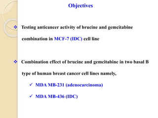 Objectives
 Testing anticancer activity of brucine and gemcitabine
combination in MCF-7 (IDC) cell line
 Combination effect of brucine and gemcitabine in two basal B
type of human breast cancer cell lines namely,
 MDA MB-231 (adenocarcinoma)
 MDA MB-436 (IDC)
 