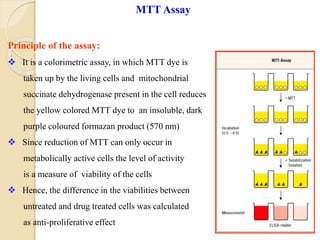 Principle of the assay:
 It is a colorimetric assay, in which MTT dye is
taken up by the living cells and mitochondrial
succinate dehydrogenase present in the cell reduces
the yellow colored MTT dye to an insoluble, dark
purple coloured formazan product (570 nm)
 Since reduction of MTT can only occur in
metabolically active cells the level of activity
is a measure of viability of the cells
 Hence, the difference in the viabilities between
untreated and drug treated cells was calculated
as anti-proliferative effect
MTT Assay
 