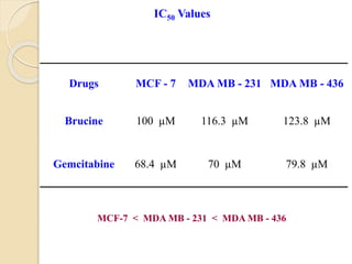 Drugs MCF - 7 MDA MB - 231 MDA MB - 436
Brucine 100 µM 116.3 µM 123.8 µM
Gemcitabine 68.4 µM 70 µM 79.8 µM
IC50 Values
MCF-7 < MDA MB - 231 < MDA MB - 436
 