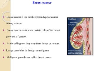 Breast cancer
Breast cancer is the most common type of cancer
among women
Breast cancer starts when certain cells of the breast
grow out of control
As the cells grow, they may form lumps or tumors
Lumps can either be benign or malignant
Malignant growths are called breast cancer
 