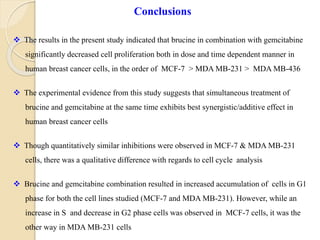  The results in the present study indicated that brucine in combination with gemcitabine
significantly decreased cell proliferation both in dose and time dependent manner in
human breast cancer cells, in the order of MCF-7 > MDA MB-231 > MDA MB-436
 The experimental evidence from this study suggests that simultaneous treatment of
brucine and gemcitabine at the same time exhibits best synergistic/additive effect in
human breast cancer cells
 Though quantitatively similar inhibitions were observed in MCF-7 & MDA MB-231
cells, there was a qualitative difference with regards to cell cycle analysis
 Brucine and gemcitabine combination resulted in increased accumulation of cells in G1
phase for both the cell lines studied (MCF-7 and MDA MB-231). However, while an
increase in S and decrease in G2 phase cells was observed in MCF-7 cells, it was the
other way in MDA MB-231 cells
Conclusions
 