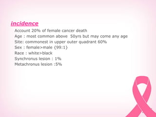 incidence
Account 20% of female cancer death
Age : most common above 50yrs but may come any age
Site: commonest in upper outer quadrant 60%
Sex : female>male {99:1}
Race : white>black
Synchronus lesion : 1%
Metachronus lesion :5%
 