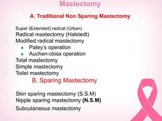 Mastectomy
A. Traditional Non Sparing Mastectomy
1. Super (Extended) radical (Urban)
2. Radical mastectomy (Halstedt)
3. Modified radical mastectomy
 Patey’s operation
 Auchen-closs operation
4. Total mastectomy
5. Simple mastectomy
6. Toilet mastectomy
B. Sparing Mastectomy
1. Skin sparing mastectomy (S.S.M)
2. Nipple sparing mastectomy (N.S.M)
3. Subcutaneous mastectomy
 