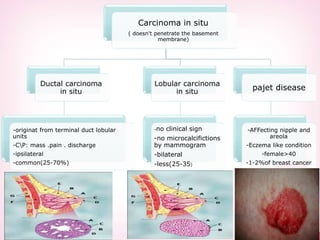 Carcinoma in situ
( doesn't penetrate the basement
membrane)
Ductal carcinoma
in situ
-originat from terminal duct lobular
units
-CP: mass .pain . discharge
-ipsilateral
-common(25-70%)
Lobular carcinoma
in situ
-no clinical sign
-no microcalcifictions
by mammogram
-bilateral
-less(25-35)
pajet disease
-AFFecting nipple and
areola
-Eczema like condition
-female>40
-1-2%of breast cancer
 