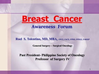1
Breast Cancer
Awareness Forum
Roel S. Tolentino, MD, MBA, FPCS, FACS, FPSO, FPSGS, FMOSP
General Surgery – Surgical Oncology
Past President- Philippine Society of Oncology
Professor of Surgery IV
 