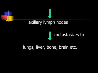 axillary lymph nodes
metastasizes to
lungs, liver, bone, brain etc.
 