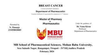 In
Pharmaceutics Under the guidance of
MB School of Pharmaceutical Sciences, Mohan Babu University,
Sree Sainath Nagar, Rangampet, Tirupati – 517102,Andhra Pradesh
February 2024
BREAST CANCER
A seminar presentation submitted to
Department of Pharmaceutics
In partial fulfillment of requirement for completion of 1
st
Semester
Presented by
N. Thanuja
23105B020005
Master of Pharmacy
Dr. Vema Kiran
Professor
Department of Pharmaceutics
 
