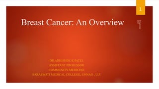 Breast Cancer: An Overview
DR.ABHISHEK K PATEL
ASSISTANT PROFESSOR
COMMUNITY MEDICINE
SARASWATI MEDICAL COLLEGE, UNNAO , U.P.
9September
2019
1
 