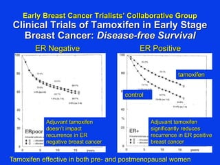Early Breast Cancer Trialists’ Collaborative Group
Clinical Trials of Tamoxifen in Early Stage
Breast Cancer: Disease-free Survival
ER Negative ER Positive
Adjuvant tamoxifen
significantly reduces
recurrence in ER positive
breast cancer
tamoxifen
control
Tamoxifen effective in both pre- and postmenopausal women
Adjuvant tamoxifen
doesn’t impact
recurrence in ER
negative breast cancer
 