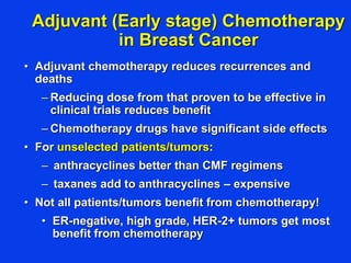 Adjuvant (Early stage) Chemotherapy
in Breast Cancer
• Adjuvant chemotherapy reduces recurrences and
deaths
– Reducing dose from that proven to be effective in
clinical trials reduces benefit
– Chemotherapy drugs have significant side effects
• For unselected patients/tumors:
– anthracyclines better than CMF regimens
– taxanes add to anthracyclines – expensive
• Not all patients/tumors benefit from chemotherapy!
• ER-negative, high grade, HER-2+ tumors get most
benefit from chemotherapy
 