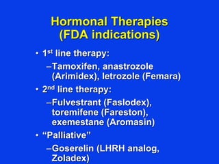 Hormonal Therapies
(FDA indications)
• 1st line therapy:
–Tamoxifen, anastrozole
(Arimidex), letrozole (Femara)
• 2nd line therapy:
–Fulvestrant (Faslodex),
toremifene (Fareston),
exemestane (Aromasin)
• “Palliative”
–Goserelin (LHRH analog,
Zoladex)
 