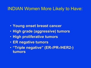 • Young onset breast cancer
• High grade (aggressive) tumors
• High proliferative tumors
• ER negative tumors
• “Triple negative” (ER-/PR-/HER2-)
tumors
INDIAN Women More Likely to Have:
 
