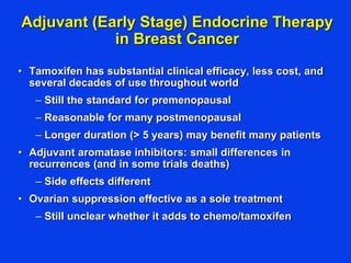 Adjuvant (Early Stage) Endocrine Therapy
in Breast Cancer
• Tamoxifen has substantial clinical efficacy, less cost, and
several decades of use throughout world
– Still the standard for premenopausal
– Reasonable for many postmenopausal
– Longer duration (> 5 years) may benefit many patients
• Adjuvant aromatase inhibitors: small differences in
recurrences (and in some trials deaths)
– Side effects different
• Ovarian suppression effective as a sole treatment
– Still unclear whether it adds to chemo/tamoxifen
 