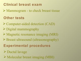 Clinical breast exam ,[object Object],Other tests ,[object Object],[object Object],[object Object],[object Object],Experimental procedures ,[object Object],[object Object]