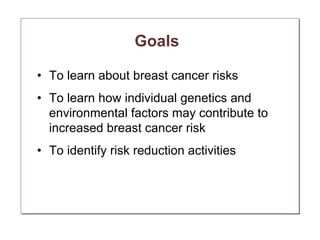 Goals

• To learn about breast cancer risks
• To learn how individual genetics and
  environmental factors may contribute to
  increased breast cancer risk
• To identify risk reduction activities
 