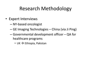 Research MethodologyExpert InterviewsNY-based oncologistGE Imaging Technologies – China (via Ji Ping)Governmental development officer – QA for healthcare programsUK  Ethiopia, Pakistan