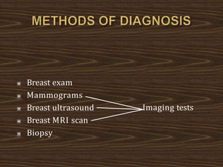 Imaging tests
▣ Breast exam
▣ Mammograms
▣ Breast ultrasound
▣ Breast MRI scan
▣ Biopsy
 