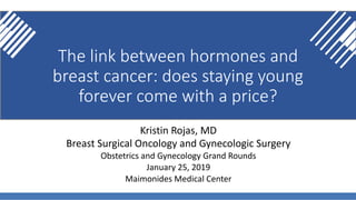 Kristin Rojas, MD
Breast Surgical Oncology and Gynecologic Surgery
Obstetrics and Gynecology Grand Rounds
January 25, 2019
Maimonides Medical Center
The link between hormones and
breast cancer: does staying young
forever come with a price?
 