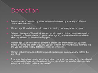 Detection<br />Breast cancer is detected by either self-examination or by a variety of different clinical examinations. <b...
