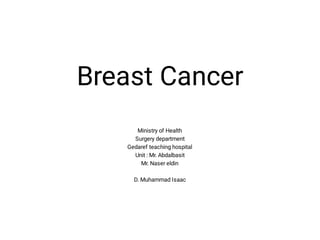 Breast Cancer
Ministry of Health
Surgery department
Gedaref teaching hospital
Unit : Mr. Abdalbasit
Mr. Naser eldin
D. Muhammad Isaac
 