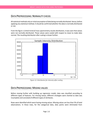 Page | 12
BREAST CANCER DETECTION USING PROTEOMES
DATA PREPROCESSING: NORMALITY CHECKS
All statistical methods rely on initial assumption of data being normally distributed. Hence, before
applying any statistical method, it should be confirmed whether the data is normally distributed
or not.
From the figure 1 (initial trend of mass spectrometry results distribution, it was seen that values
were not normally distributed. Those values were scaled with respect to mean to make data
normal. The resulting distribution after scaling is shown further.
Figure 12: Distribution for intensity after scaling.
DATA PREPROCESSING: MISSING VALUES
Before moving further with building up regression model, data was classified according to
different types of features. For missing values, different strategies were charted as data was
incomplete and consisted of different types of attributes.
Rows were identified which were having missing values. Missing values are less than 5% of total
observations. In these rows, for the categorical data, data points were eliminated from
 