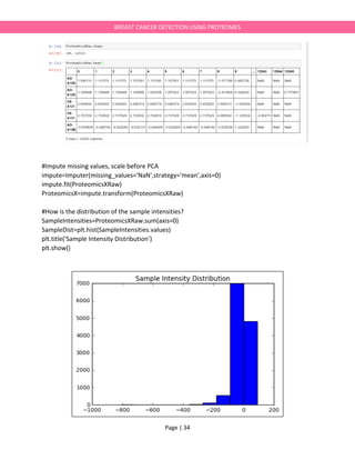 Page | 34
BREAST CANCER DETECTION USING PROTEOMES
#Impute missing values, scale before PCA
impute=Imputer(missing_values='NaN',strategy='mean',axis=0)
impute.fit(ProteomicsXRaw)
ProteomicsX=impute.transform(ProteomicsXRaw)
#How is the distribution of the sample intensities?
SampleIntensities=ProteomicsXRaw.sum(axis=0)
SampleDist=plt.hist(SampleIntensities.values)
plt.title('Sample Intensity Distribution')
plt.show()
 