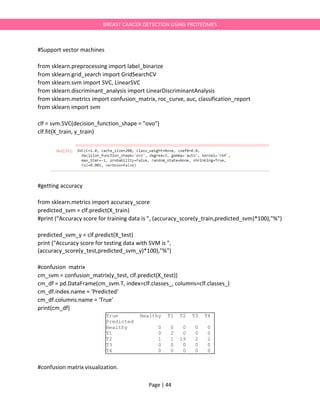 Page | 44
BREAST CANCER DETECTION USING PROTEOMES
#Support vector machines
from sklearn.preprocessing import label_binarize
from sklearn.grid_search import GridSearchCV
from sklearn.svm import SVC, LinearSVC
from sklearn.discriminant_analysis import LinearDiscriminantAnalysis
from sklearn.metrics import confusion_matrix, roc_curve, auc, classification_report
from sklearn import svm
clf = svm.SVC(decision_function_shape = "ovo")
clf.fit(X_train, y_train)
#getting accuracy
from sklearn.metrics import accuracy_score
predicted_svm = clf.predict(X_train)
#print ("Accuracy score for training data is ", (accuracy_score(y_train,predicted_svm)*100),"%")
predicted_svm_y = clf.predict(X_test)
print ("Accuracy score for testing data with SVM is ",
(accuracy_score(y_test,predicted_svm_y)*100),"%")
#confusion matrix
cm_svm = confusion_matrix(y_test, clf.predict(X_test))
cm_df = pd.DataFrame(cm_svm.T, index=clf.classes_, columns=clf.classes_)
cm_df.index.name = 'Predicted'
cm_df.columns.name = 'True'
print(cm_df)
#confusion matrix visualization.
True Healthy T1 T2 T3 T4
Predicted
Healthy 0 0 0 0 0
T1 0 2 0 0 0
T2 1 1 19 2 2
T3 0 0 0 0 0
T4 0 0 0 0 0
 