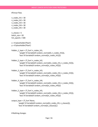 Page | 56
BREAST CANCER DETECTION USING PROTEOMES
#Tensor flow.
n_nodes_hl1 = 30
n_nodes_hl2 = 30
n_nodes_hl3 = 30
n_nodes_hl4 = 30
n_nodes_hl5 = 30
n_classes = 5
batch_size = 20
hm_epochs = 500
x = tf.placeholder('float')
y = tf.placeholder('float')
hidden_1_layer = {'f_fum':n_nodes_hl1,
'weight':tf.Variable(tf.random_normal([5, n_nodes_hl1])),
'bias':tf.Variable(tf.random_normal([n_nodes_hl1]))}
hidden_2_layer = {'f_fum':n_nodes_hl2,
'weight':tf.Variable(tf.random_normal([n_nodes_hl1, n_nodes_hl2])),
'bias':tf.Variable(tf.random_normal([n_nodes_hl2]))}
hidden_3_layer = {'f_fum':n_nodes_hl3,
'weight':tf.Variable(tf.random_normal([n_nodes_hl2, n_nodes_hl3])),
'bias':tf.Variable(tf.random_normal([n_nodes_hl3]))}
hidden_4_layer = {'f_fum':n_nodes_hl4,
'weight':tf.Variable(tf.random_normal([n_nodes_hl3, n_nodes_hl4])),
'bias':tf.Variable(tf.random_normal([n_nodes_hl4]))}
hidden_5_layer = {'f_fum':n_nodes_hl5,
'weight':tf.Variable(tf.random_normal([n_nodes_hl4, n_nodes_hl5])),
'bias':tf.Variable(tf.random_normal([n_nodes_hl5]))}
output_layer = {'f_fum':None,
'weight':tf.Variable(tf.random_normal([n_nodes_hl5, n_classes])),
'bias':tf.Variable(tf.random_normal([n_classes])),}
# Nothing changes
 