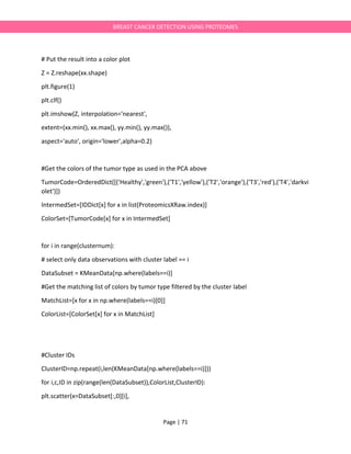 Page | 71
BREAST CANCER DETECTION USING PROTEOMES
# Put the result into a color plot
Z = Z.reshape(xx.shape)
plt.figure(1)
plt.clf()
plt.imshow(Z, interpolation='nearest',
extent=(xx.min(), xx.max(), yy.min(), yy.max()),
aspect='auto', origin='lower',alpha=0.2)
#Get the colors of the tumor type as used in the PCA above
TumorCode=OrderedDict([('Healthy','green'),('T1','yellow'),('T2','orange'),('T3','red'),('T4','darkvi
olet')])
IntermedSet=[IDDict[x] for x in list(ProteomicsXRaw.index)]
ColorSet=[TumorCode[x] for x in IntermedSet]
for i in range(clusternum):
# select only data observations with cluster label == i
DataSubset = KMeanData[np.where(labels==i)]
#Get the matching list of colors by tumor type filtered by the cluster label
MatchList=[x for x in np.where(labels==i)[0]]
ColorList=[ColorSet[x] for x in MatchList]
#Cluster IDs
ClusterID=np.repeat(i,len(KMeanData[np.where(labels==i)]))
for i,c,ID in zip(range(len(DataSubset)),ColorList,ClusterID):
plt.scatter(x=DataSubset[:,0][i],
 