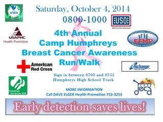 Saturday, October 4, 2014 
0800-1000 
4th Annual 
Camp Humphreys 
Breast Cancer Awareness 
Run/Walk 
Sign in between 0700 and 0755 
Humphreys High School Track 
MORE INFORMATION 
Call DAVE ELGER Health Promotion 753-3253 
Health Promotion 
