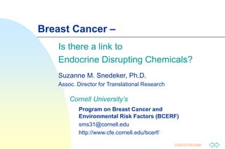 Jump to first page
Breast Cancer –
Is there a link to
Endocrine Disrupting Chemicals?
Suzanne M. Snedeker, Ph.D.
Assoc. Director for Translational Research
Cornell University’s
Program on Breast Cancer and
Environmental Risk Factors (BCERF)
sms31@cornell.edu
http://www.cfe.cornell.edu/bcerf/
 