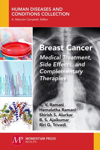 HUMAN DISEASES AND
CONDITIONS COLLECTION
A. Malcolm Campbell, Editor
BreastCancerRAMANIETAL
Breast Cancer
Medical Treatment, Side Effects, and
Complementary Therapies
K. V. Ramani • Hemalatha Ramani • Shirish S. Alurkar
• B. S. Ajaikumar • Riri G. Trivedi
A cancer prognosis has the tendency to knock patients and their family
off their feet. Nothing can prepare people for the big “C” and it often
feels like they are losing control over their own life, where nothing will
be the same again.
This book takes readers through the journey of Prema (diagnosed
with breast cancer) and Prem (her caregiver) and covers the whole
­gamut of processes in cancer treatment and care in a simple language:
­diagnosis, medical treatment options, physical and psychosocial side
­effects, complementary therapies, and the importance of patient-­
centric care to improve the quality of life of breast cancer survivors.
We hope future breast cancer patients and their families will benefit
from our book and prepare themselves to face the challenges of dealing
with breast cancer.
Prof. K. V. Ramani (PhD, Cornell University, USA) retired from the
Indian Institute of Management, Ahmedabad (IIMA) in 2014 and
­continues as an adjunct professor in the Centre for Management of
Health Services, IIMA.
Dr. Hemalatha Ramani (PhD, Bangalore University) has taught
­economics at the National University of Singapore, BK School of
­Management, Ahmedabad and in the International Baccalaureate
­Curriculum at many schools in Ahmedabad.
Dr. Shirish S. Alurkar, MD, is a medical oncologist at Apollo CBCC
Cancer Care hospital, Ahmedabad. He had specialty training from
Tata Memorial Hospital, Mumbai, and has 25 years of experience in
­chemotherapy and targeted therapies.
Dr. B. S. Ajaikumar is a doctorpreneur, chairman & CEO, Health-
Care Global Enterprises Ltd, the largest cancer care network in South
Asia. He is a radiation and medical oncologist with over 40 years of
­experience in the United States and India.
Riri G. Trivedi is a certified yoga therapist, clinical hypnotherapist, and
a regression therapist and runs Wellness Space with Gunjan Y Trivedi
(life coach) who has also contributed valuable insights for the book.
ISBN: 978-1-94664-620-0
K. V. Ramani
Hemalatha Ramani
Shirish S. Alurkar
B. S. Ajaikumar
Riri G. Trivedi
Breast Cancer
Medical Treatment,
Side Effects, and
Complementary
Therapies
EBOOKS
FOR THE
HEALTH
LIBRARY
Create your own
Customized Content
Bundle — the more
books you buy,
the higher your
discount!
THE CONTENT
• 	Nutrition and
Dietetics Practice
• 	Psychology
•	 Health, Wellness,
and Exercise
Science
•	 Health Education
THE TERMS
• 	Perpetual access for
a one time fee
• 	No subscriptions or
access fees
• 	Unlimited
concurrent usage
• 	Downloadable PDFs
• 	Free MARC records
For further information,
a free trial, or to order,
contact: 
sales@momentumpress.net
 